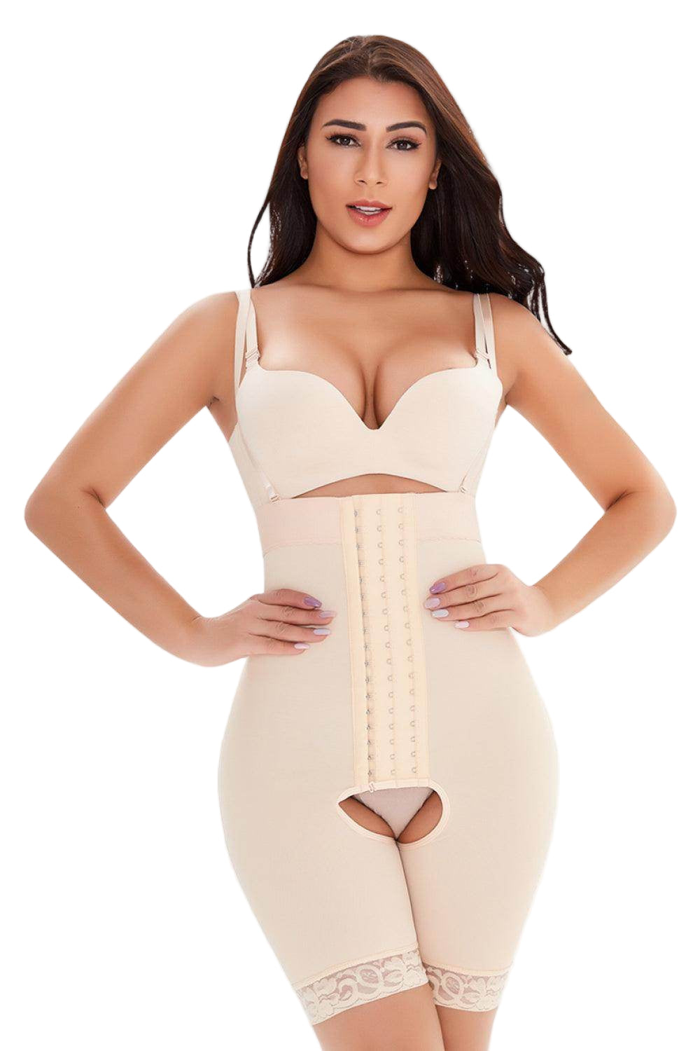 Trendsi lace trim bodysuit for women in nude featuring adjustable straps and hook-and-eye closures