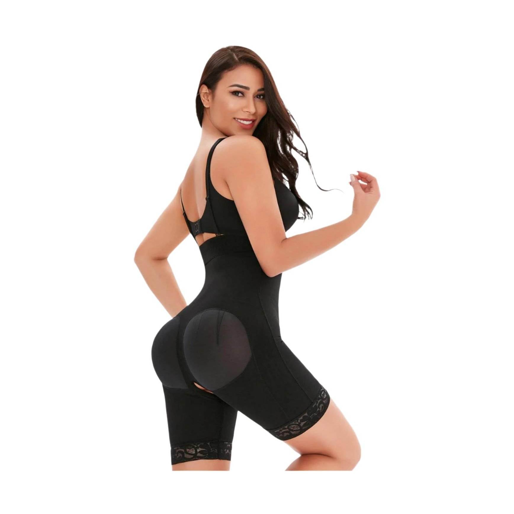 Black lace trim bodysuit for women with shaping design and adjustable straps for support