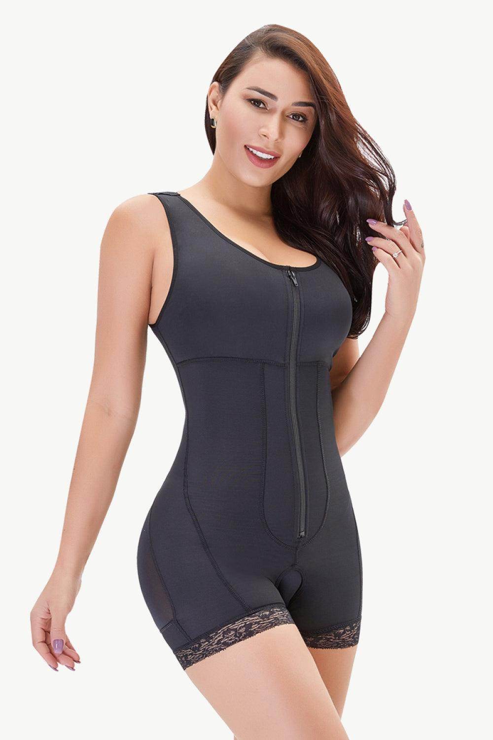 Trendsi women's shapewear featuring a lace trim scoop neck bodysuit with a zip front for a smooth silhouette