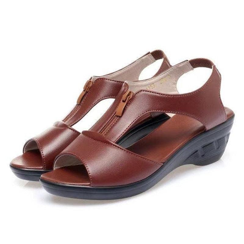 Women's Shoes - Sandals Ladies Low Heel Sandals Pu Leather Non Slip Cool Zip Up