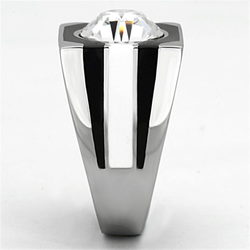Sleek men's large gem crystal ring for men with a polished silver finish and a prominent diamond-like center stone