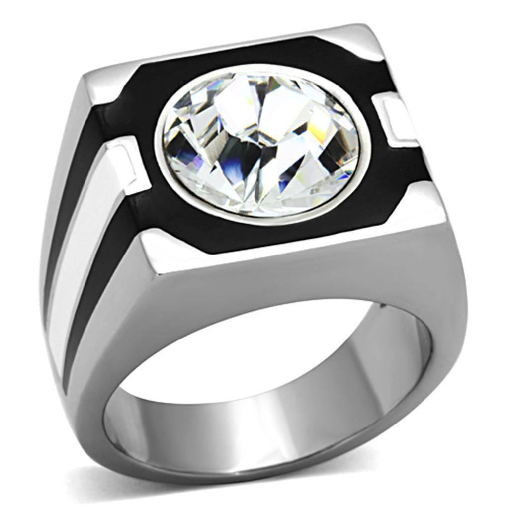 Stylish large gem crystal ring for men with a bold design and shiny silver finish