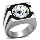 Stylish large gem crystal ring for men with a bold design and shiny silver finish