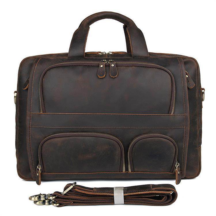 Stylish leather briefcase 17 inch laptop with multiple pockets and an adjustable shoulder strap