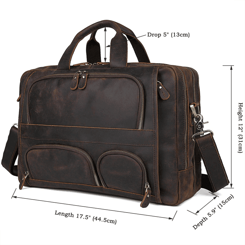 Brown leather briefcase 17 inch laptop with multiple pockets and adjustable shoulder strap