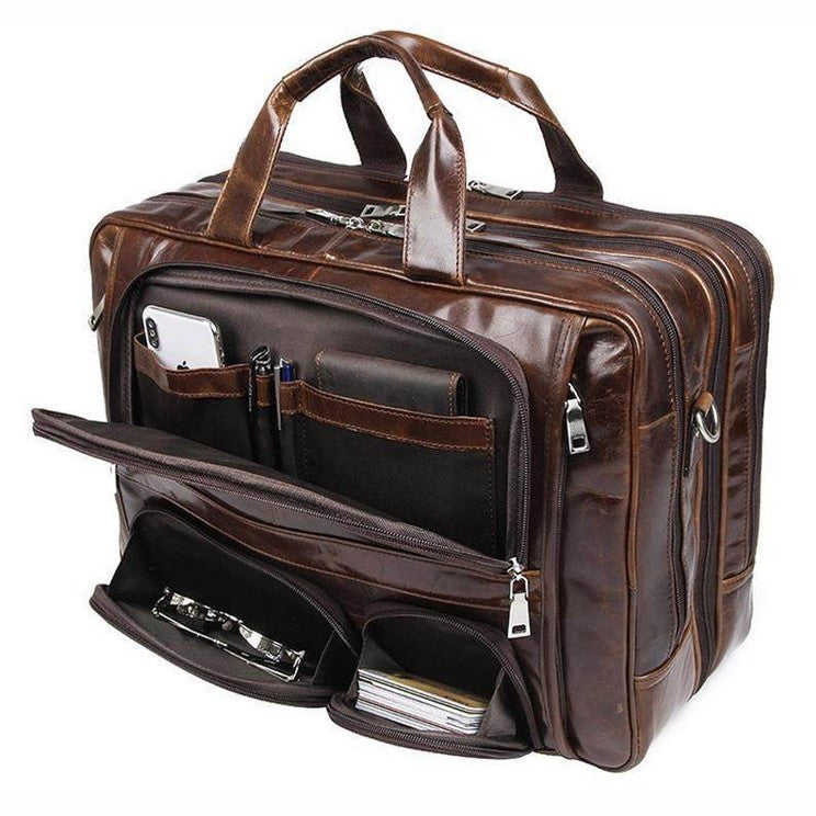 Brown leather briefcase 17 inch laptop with multiple compartments for organization and secure storage
