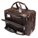 Brown leather briefcase 17 inch laptop with multiple compartments for organization and secure storage