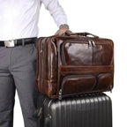 Brown leather briefcase 17 inch laptop with multiple compartments for business professionals