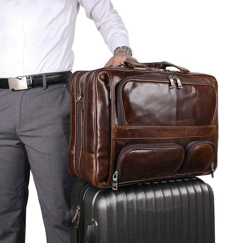 Brown leather briefcase 17 inch laptop with multiple compartments for business professionals