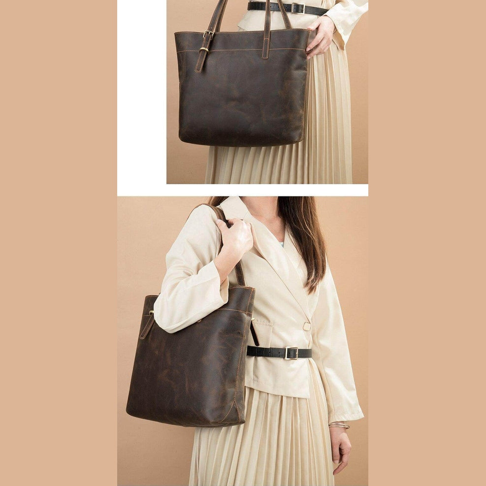 Elegant leather messenger bag for travel displayed on a model wearing a stylish outfit