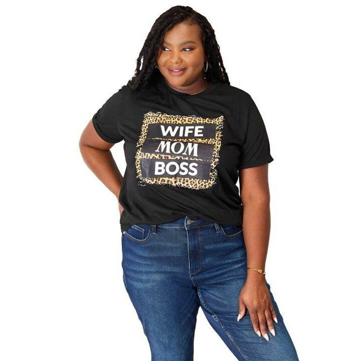 Trendsi leopard print mom shirt with bold 'Wife Mom Boss' design for stylish women