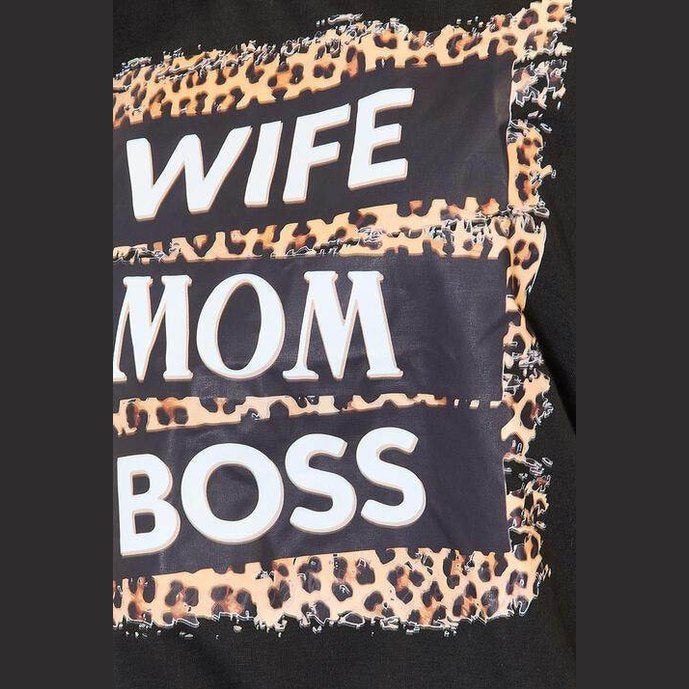 Trendsi leopard print mom shirt featuring bold text 'WIFE MOM BOSS' design on a stylish T-shirt