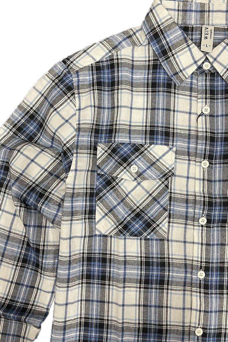 Light blue flannel shirt for men featuring classic plaid pattern and button-up design