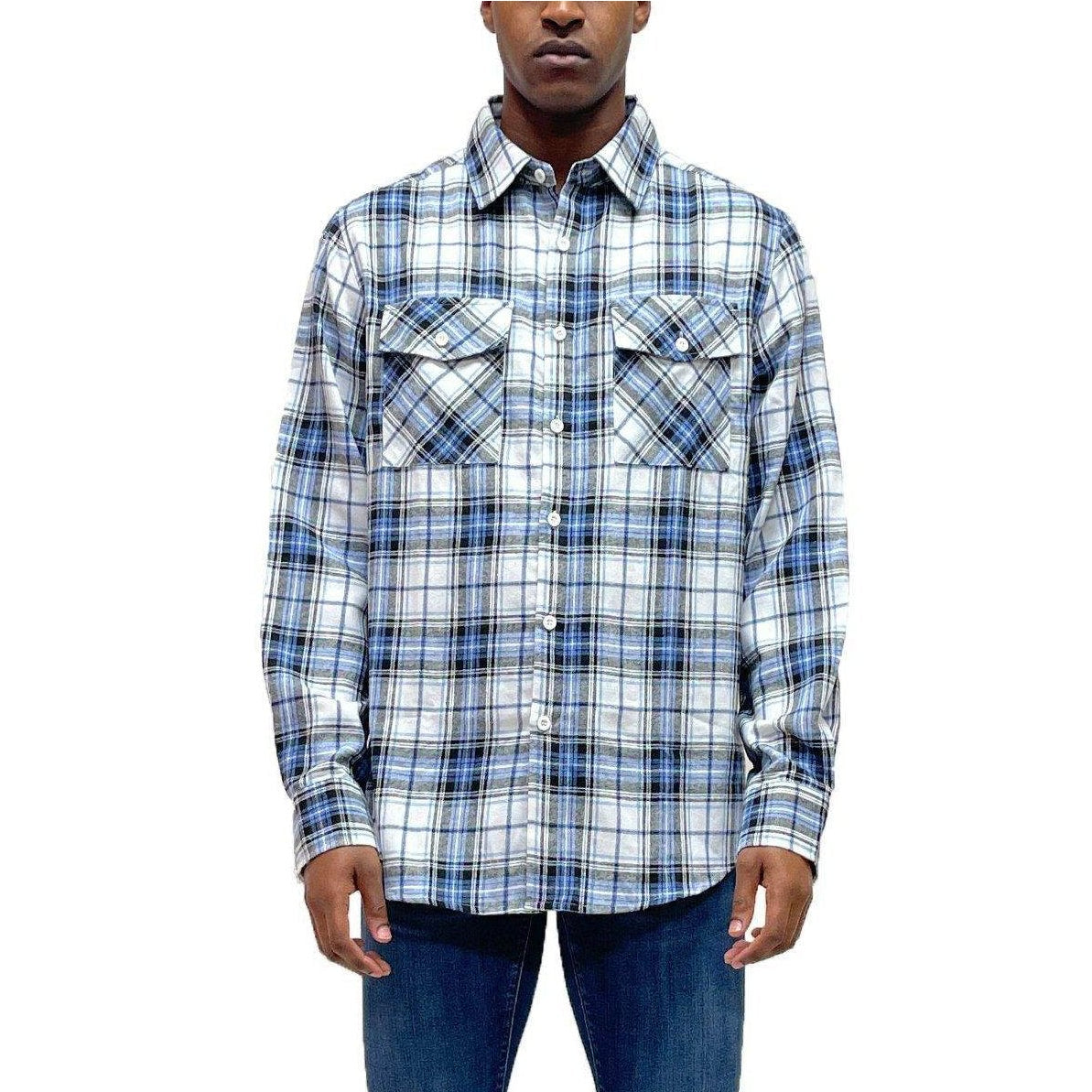 VacationGrabs light blue flannel shirt with plaid pattern and button-up front for casual wear