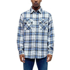 VacationGrabs light blue flannel shirt with plaid pattern and button-up front for casual wear