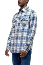 Men's light blue flannel shirt with a classic plaid pattern and button-down front