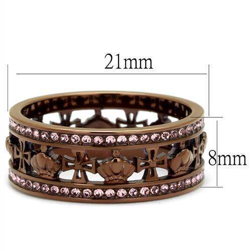 Light rose gemstone ring featuring intricate crown and cross designs in a bronze finish