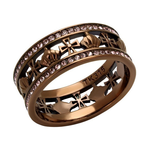 Elegant light rose gemstone ring with intricate cross designs and a polished finish