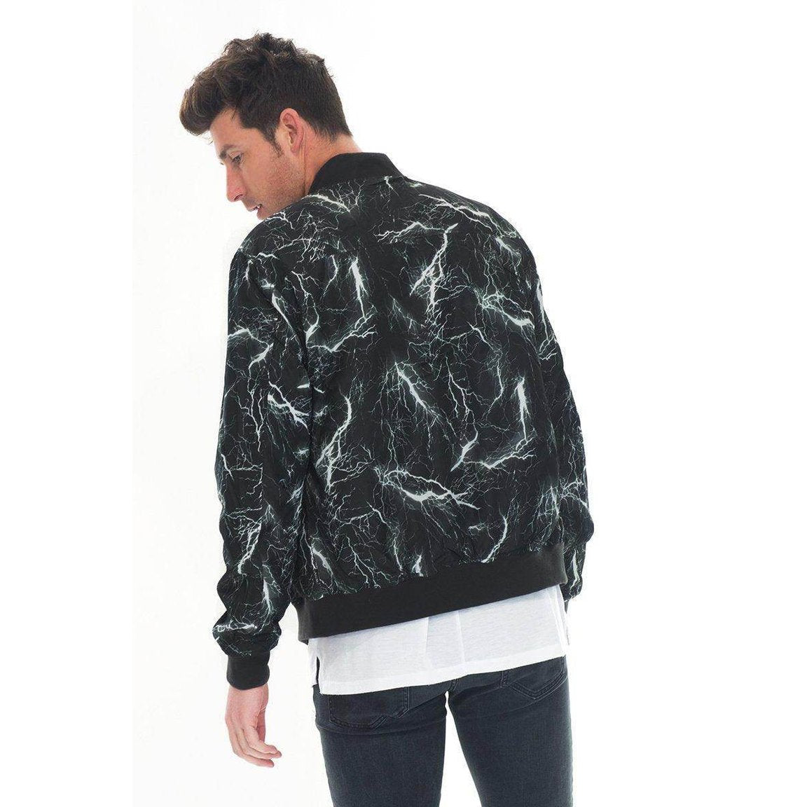 Men's Lightning Bolt Bomber Jacket in Black with Bold Lightning Pattern for Stylish Comfort