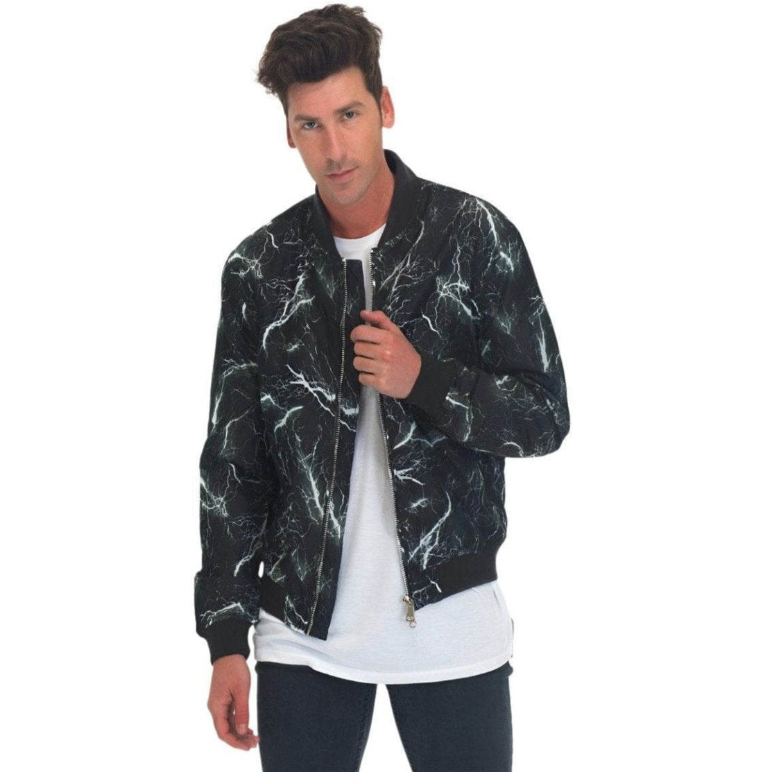 Men's Lightning Bolt Bomber Jacket from VacationGrabs featuring a striking lightning design