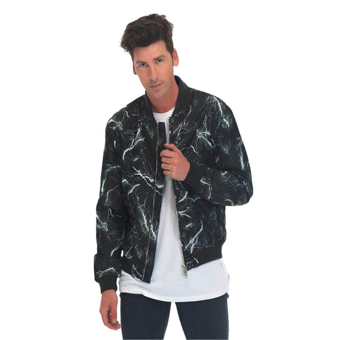 Men's Lightning Bolt Bomber Jacket from VacationGrabs featuring a striking lightning design