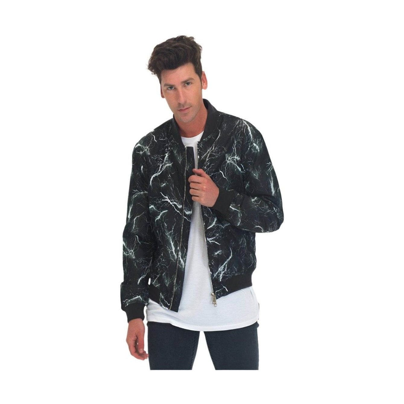 Men's Lightning Bolt Bomber Jacket from VacationGrabs featuring a striking lightning design