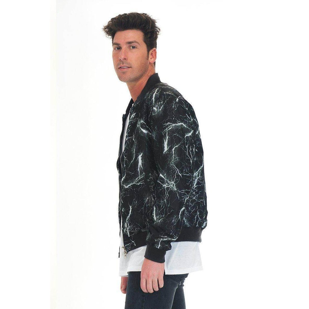 Men's Lightning Bolt Bomber Jacket by VacationGrabs with striking lightning design and ribbed collar