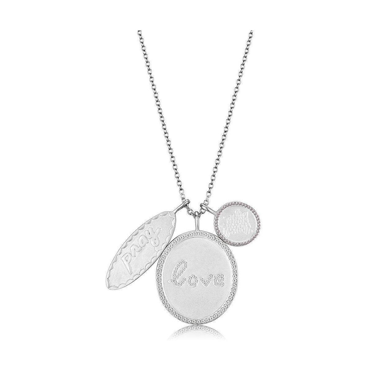 Rhodium brushed brass necklace featuring layered charms with 'love' engraving for a stylish look