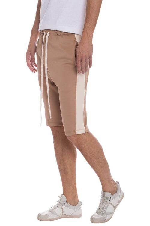 Beige long athletic shorts for men with side stripes and drawstring for comfort