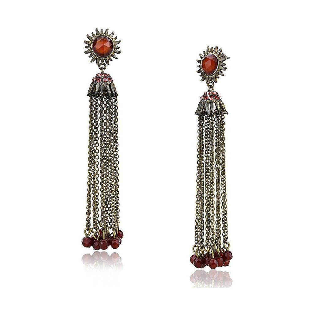 Long copper dangle earrings for women featuring intricate designs and vibrant red accents