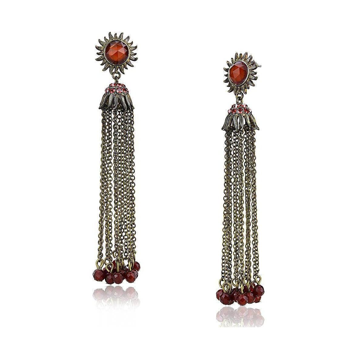 Long copper dangle earrings for women featuring intricate designs and vibrant red accents