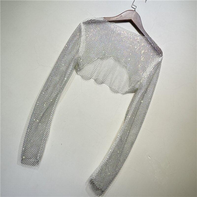Women's Clubwear Long Sleeve Glitter Net Pullover Shawl Layering Crop Top...