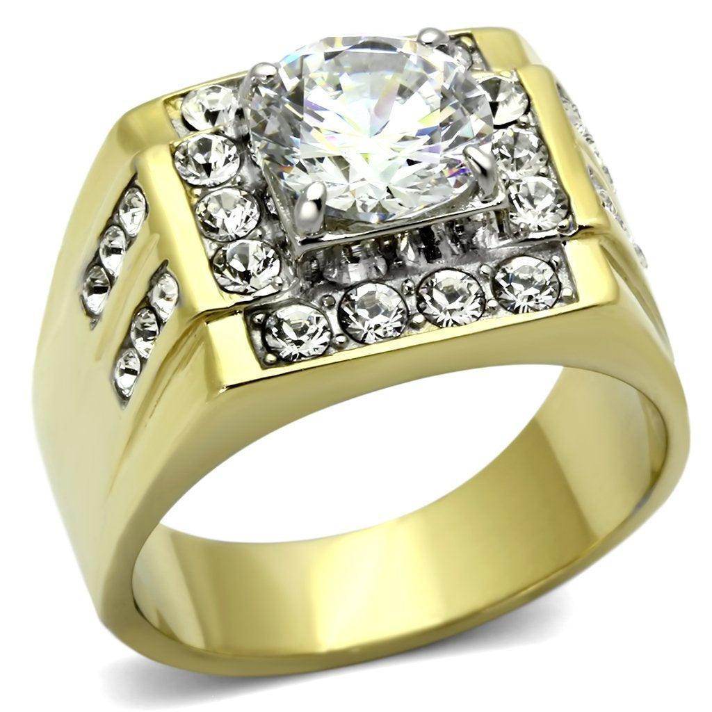 Men's luxury vacation jewelry ring with a large centerpiece and sparkling stones in gold finish