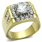 Men's luxury vacation jewelry ring with a large centerpiece and sparkling stones in gold finish