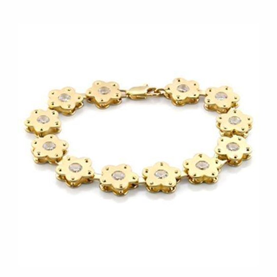 Matte gold flower bracelet for women featuring floral charms and sparkling center stones