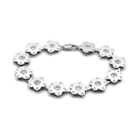 Matte rhodium fashion bracelet with floral design and sparkling crystal accents for stylish accessories