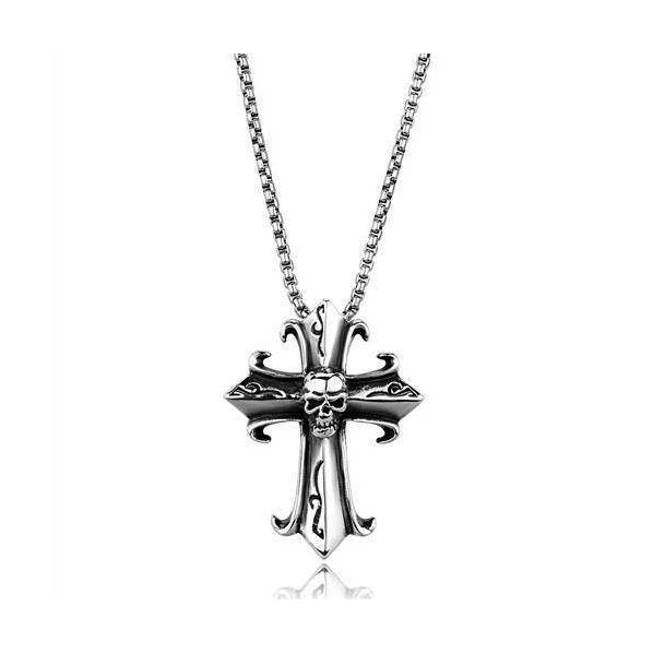 Men's cross necklace with skull design on a silver chain from VacationGrabs