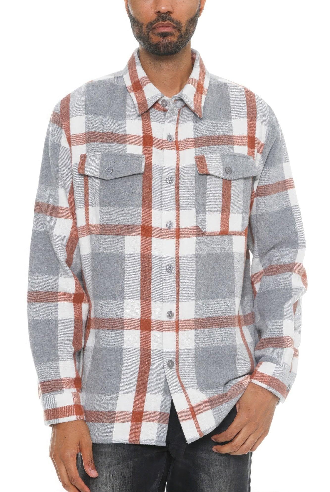 Men's Shirts - Flannels Men's Gray/Rust Checkered Plaid Soft Flannel Shacket