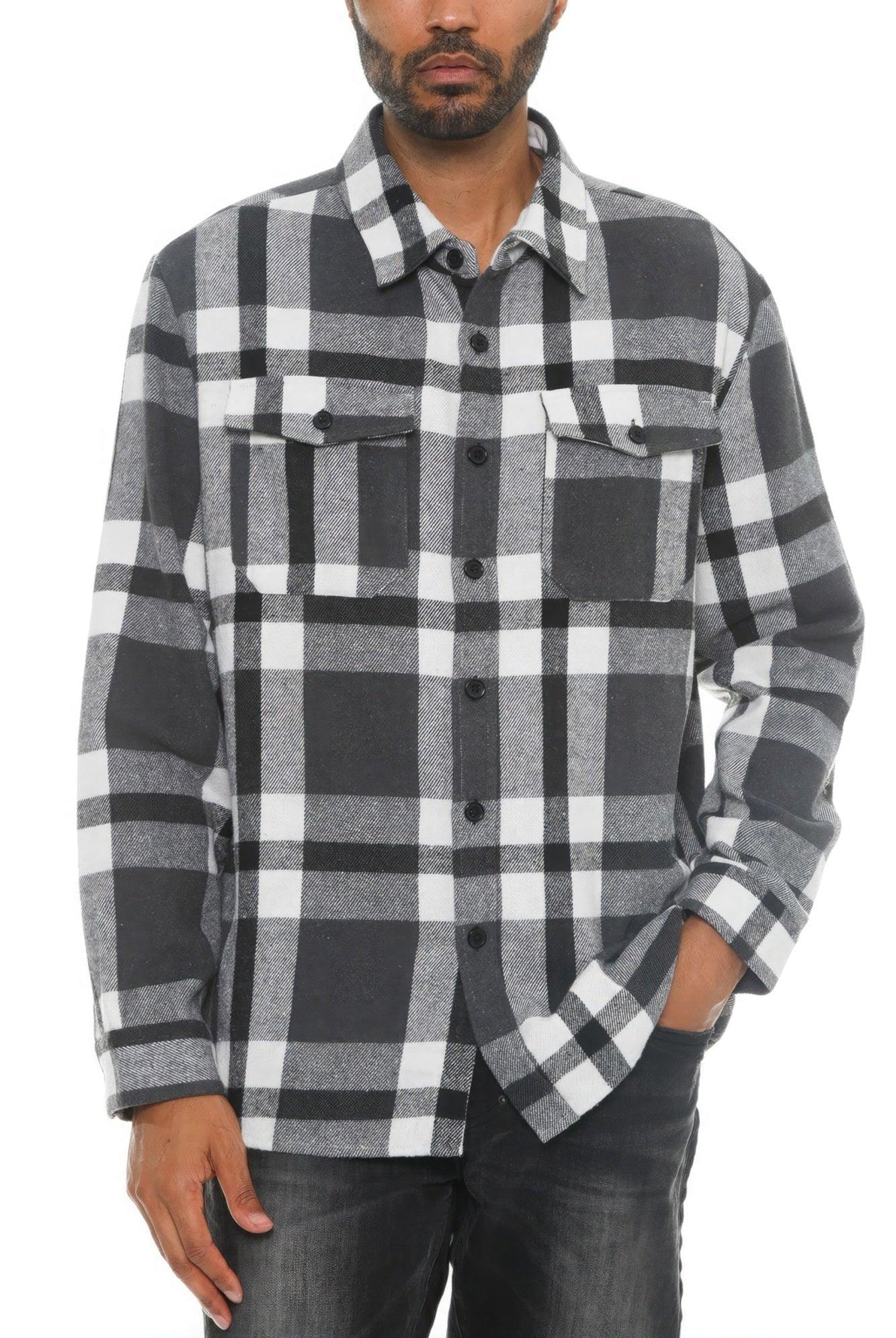 Men's Shirts - Flannels Men's Grey/Black Checkered Soft Flannel Shacket