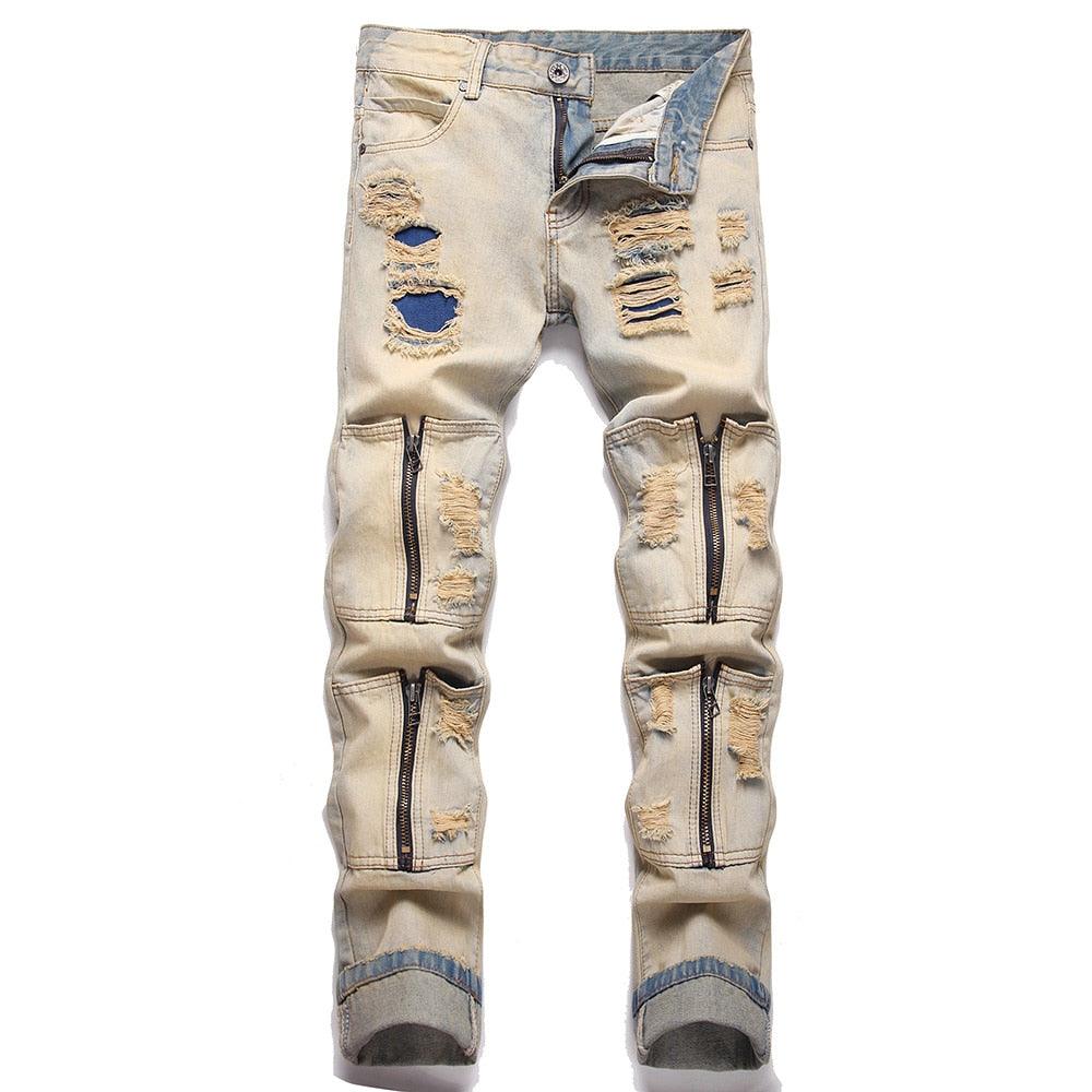Men's Pants - Jeans Men Zipper Detail Ripped Denim Jeans Distressed Patchwork...