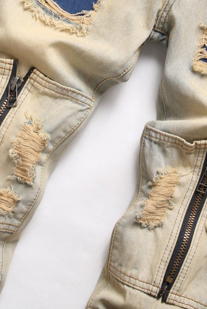 Men's Pants - Jeans Men Zipper Detail Ripped Denim Jeans Distressed Patchwork...