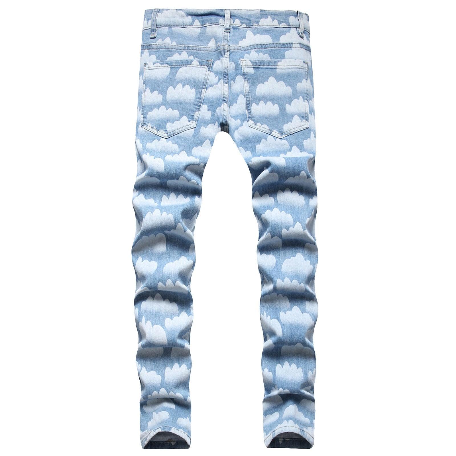 Men's Pants - Jeans Mens Artistic Jeans Blue Sky White Cloud Painted Denim Trousers