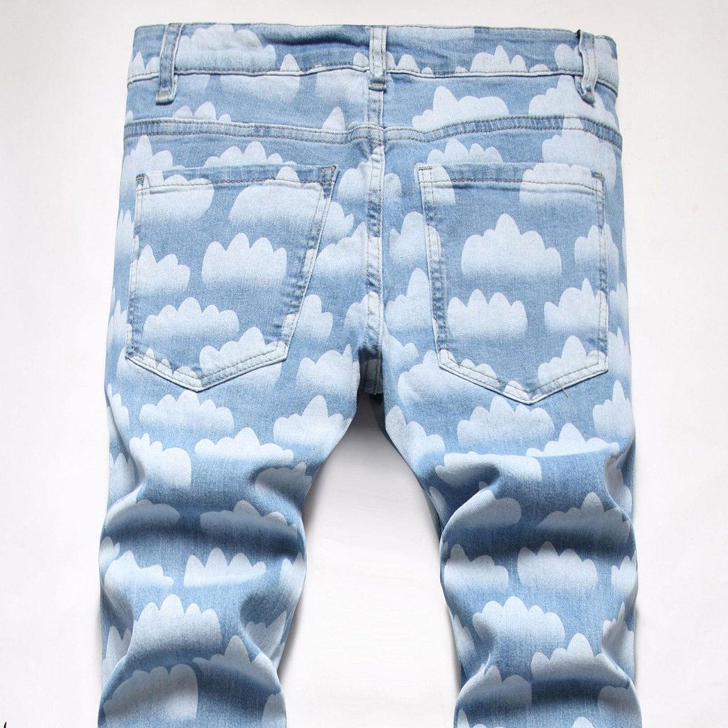 Men's Pants - Jeans Mens Artistic Jeans Blue Sky White Cloud Painted Denim Trousers