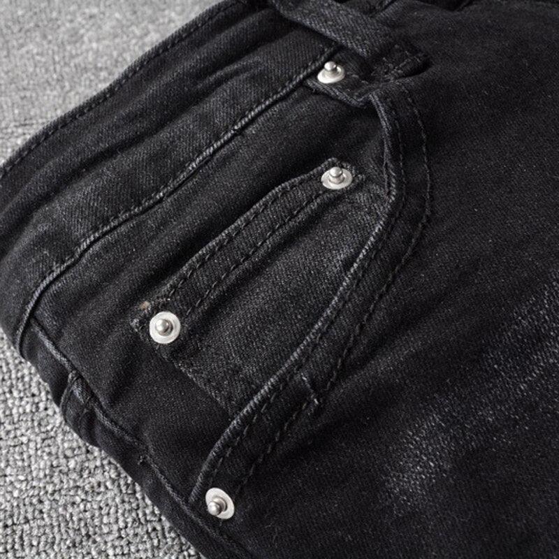 Men's Pants - Jeans Mens Bandana Paisley Printed Patchwork Stretch Jeans Black Denim