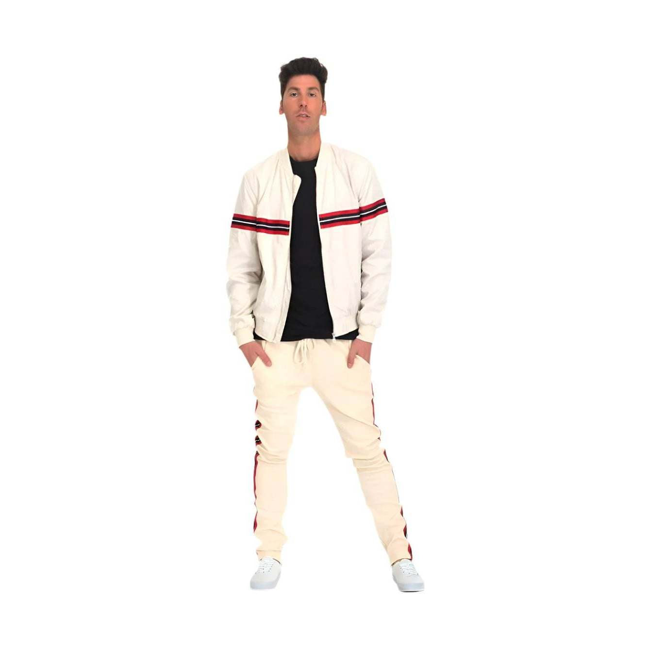 Stylish mens beige track set with striped bomber jacket and jogger pants for casual wear