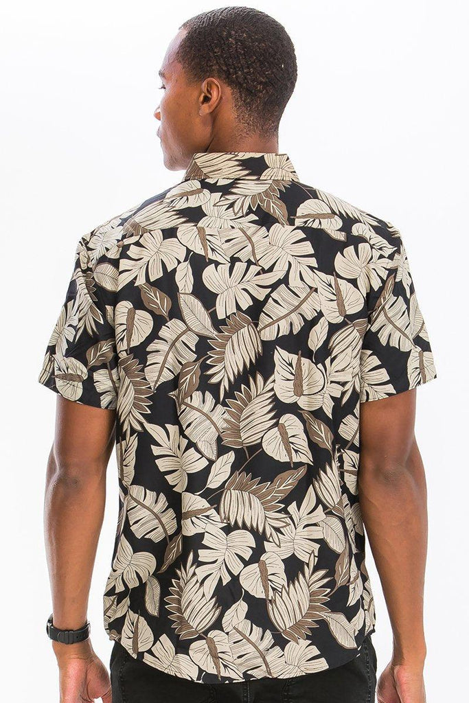 Men's Shirts Mens Black And Tan Floral Print Button Front Short Sleeve Shirt