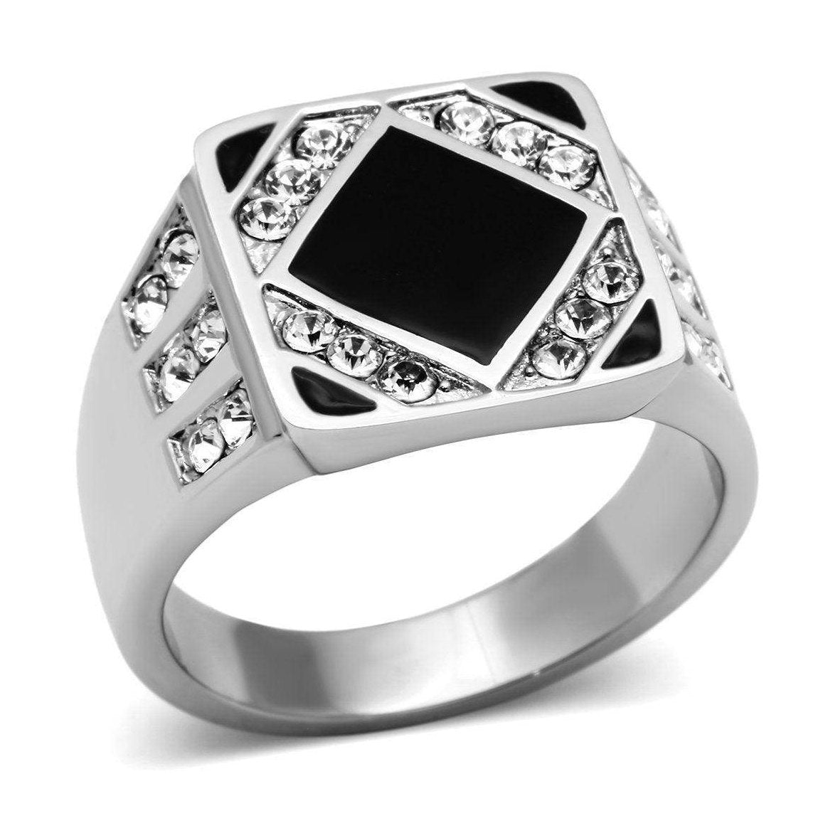 Men's black gem ring featuring a square black stone surrounded by sparkling clear crystals