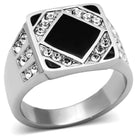 Men's black gem ring featuring a square black stone surrounded by sparkling clear crystals