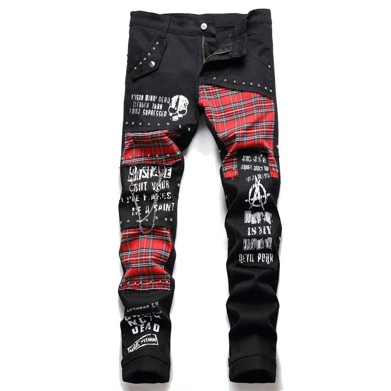 Men's Pants - Jeans Mens Black Jeans Scottish Red Plaid Tartan Patchwork Punk Denim