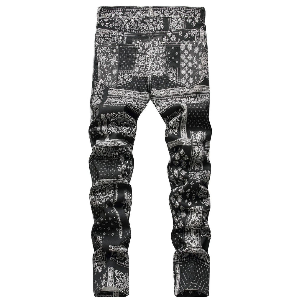 Men's Pants - Jeans Mens Black Paisley Bandana Printed Jeans Fashion Pattern